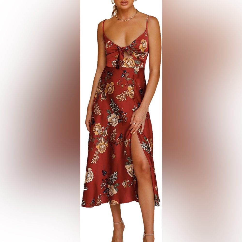 Spaghetti Strap Midi Satin Dress with Slit